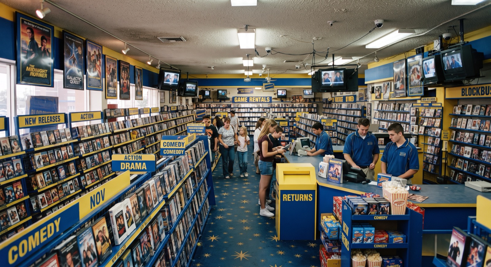 Interior de un videoclub de los años noventa, con estanterías llenas de películas
