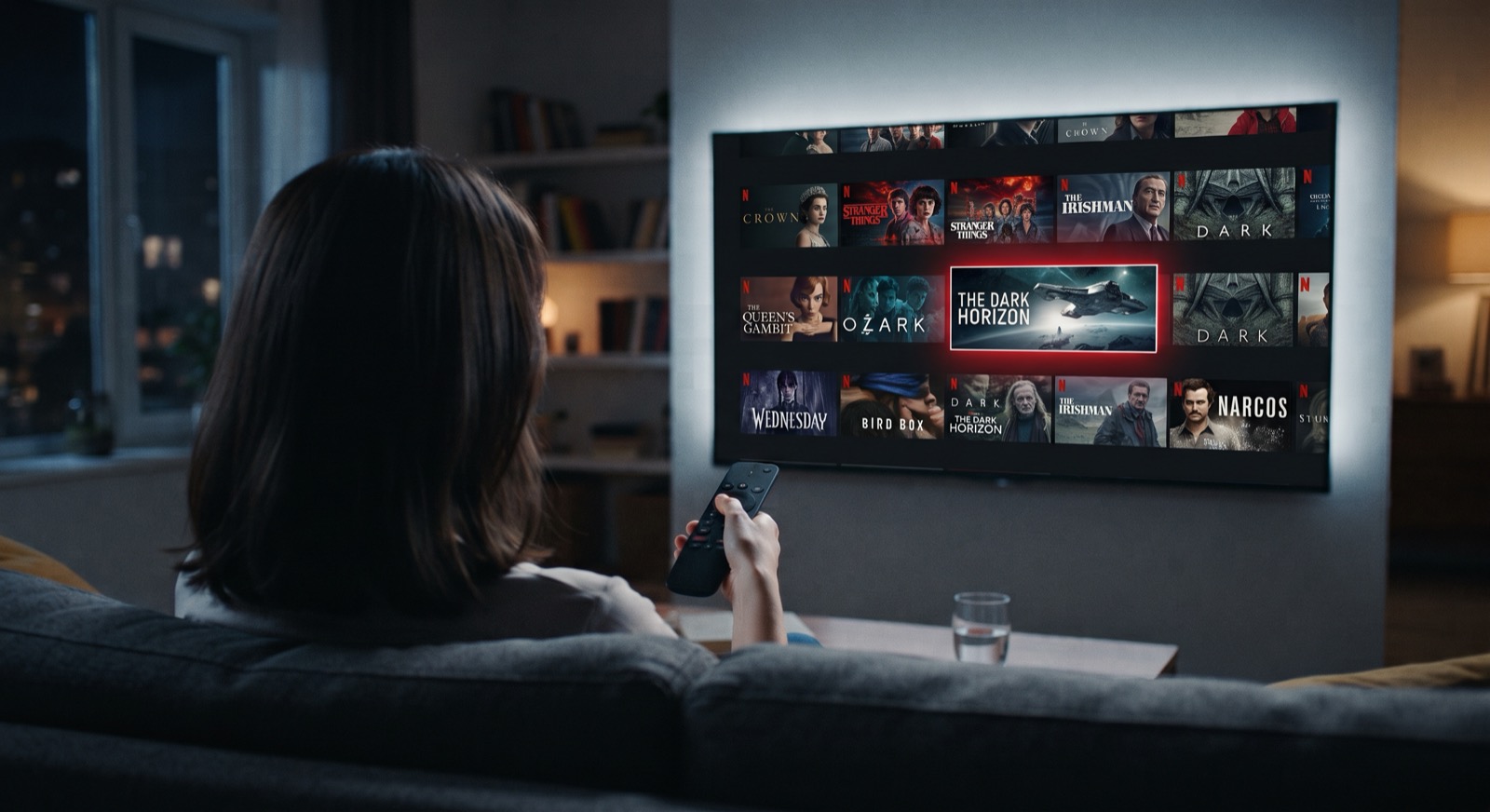 Una persona en el sofá frente a un televisor con el catálogo de un servicio de streaming